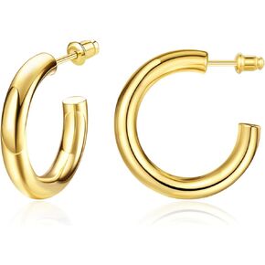 Chunky Gold Hoop Earrings for Women 14K Gold Plated Lightweight Twisted Half Croissant Thick Hoop Earrings