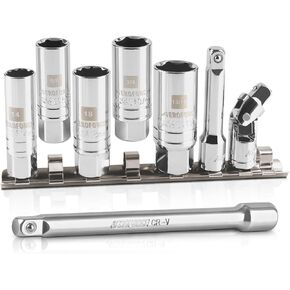 AEROFORCE 3/8-Inch Drive Spark Plug Socket Set 8PCS, 6 & 12-Point CR-V Steel Sockets with Rubber Retaining Rings. 5/8-inch, 3/4-inch, 13/16-inch, 14mm, 18mm with Universal Joint, Extension Bar