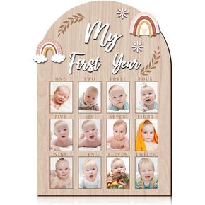 YLOLUL My First Year Photo Frame 12 Months Baby First Year Milestone Picture Board Wood 1st Birthday Decor Nursery Accessories Baby Childhood Keepsake Board 12 Photo Inserts, Newborn Baby Gift