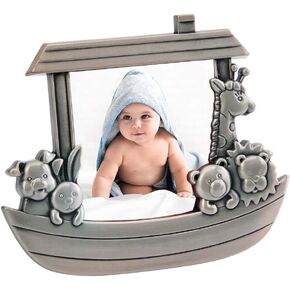 Noah's Ark Newborn Baby Photo Frame, 3"x3", Non-tarnish Brushed Pewter Finish, Gift Box Included