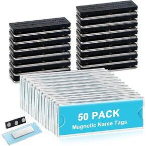 50 Pack Name Badge Magnets Kit Acrylic Magnetic Name Tag Holders Magnetic Name Badge Holders with Blank Printable Paper Inserts 3 Magnets Clear Adhesive ID Holder for Business Events School Office