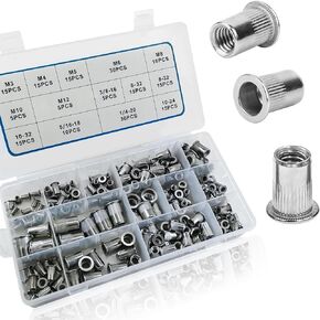 AKKTOL 200-PCS Rivet Nut Kit, Stainless Steel Rivnuts Kit, SAE and Metric Nutserts Kit with Flat Head, 6-32#8-32#10-32#10-24 1/4"-20 3/8"-16 5/16"-18 M3 M4 M5 M6 M8 M10 M12