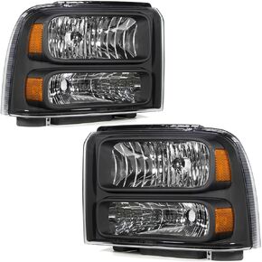 Headlight Assembly Compatible with 2005 2006 2007 Ford F250 F350 F450 F550 Super Duty /2005 Ford Excursion Chrome Housing Amber Reflector Driver and Passenger Side