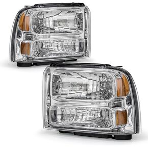 مجموعة المصابيح الأمامية متوافقة مع 2005 2006 2007 Ford F250 F350 F450 F550 Super Duty /2005 Ford Excursion Chrome Housing Amber عاكس السائق وجانب الركاب