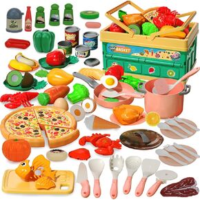 لعب اكسسوارات المطبخ للأطفال 94 قطعة، مجموعة الطبخ التظاهري، قطع الطعام والخضروات والفواكه، مجموعة ألعاب المطبخ مع سلة تخزين، ألعاب تعليمية للأولاد والبنات من سن 3 إلى 6 سنوات in Kuwait
