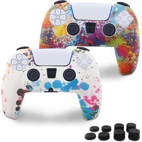 PS5 Silicone Controller Skin 2 Pack Anti-Slip Silicone Protector Sleeve Cover Case for Playstation 5 with 8 Thumb Grip Caps PS5 Controller Accessories Grip Cover, Colorful
