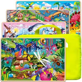QUOKKA Wooden Puzzles for Kids Ages 4-6 – 4 x 60 Piece Kids Puzzles Ages 4-8-10 Year Olds by QUOKKA - Jigsaw Learning Game with Animals Dinosaurs City for 3-5 yo Wood Toys for Boys and Girls