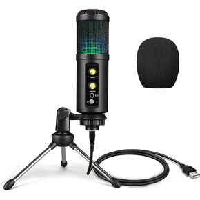Metal USB Microphone,with RGB Lighting,Headphone Output,Volume and Echo Control,Mute Button,Computer Condenser Gaming Mic for PC/Laptop,for Streaming,Podcast,Studio Recording
