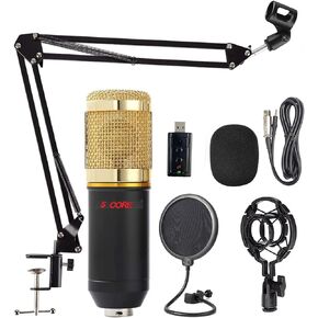 5 CORE Studio Condenser Microphone Bundle, Professional Adjustable Boom Arm Stand, Shock Mount, Pop Filter, External USB Sound Card, Foam Cover for Recording and Broadcasting (Gold)- REC Set