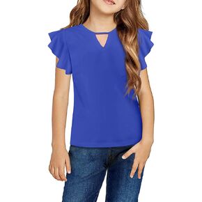 Arshiner Girls Shirts Short Sleeve Tee Ruffle Solid Summer Keyhole Neck Cotton Blouse Tops