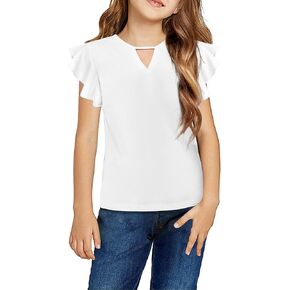 Arshiner Girls Shirts Short Sleeve Tee Ruffle Solid Summer Keyhole Neck Cotton Blouse Tops in Kuwait
