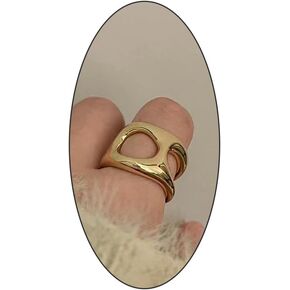 14k Gold Chunky Open Statement Rings, Trendy Double Layer Hollow Wide Edged Metal Rings, High Polish Stackable Jewelry Gifts for Women Teen Girls
