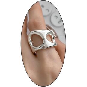 14k Gold Chunky Open Statement Rings, Trendy Double Layer Hollow Wide Edged Metal Rings, High Polish Stackable Jewelry Gifts for Women Teen Girls
