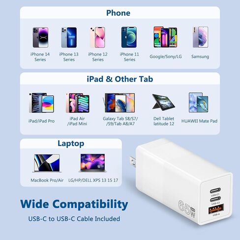 شاحن USB C بقدرة 65 وات، شاحن غان 3 منافذ قابل للطي من النوع C، شاحن حائط سريع، محول طاقة تيار متردد لأجهزة MacBook Pro/Air، iPad Pro، Dell XPS، Lenovo، iPhone 15/14، Chromebook/مصدر طاقة الألعاب (أبيض) in Kuwait