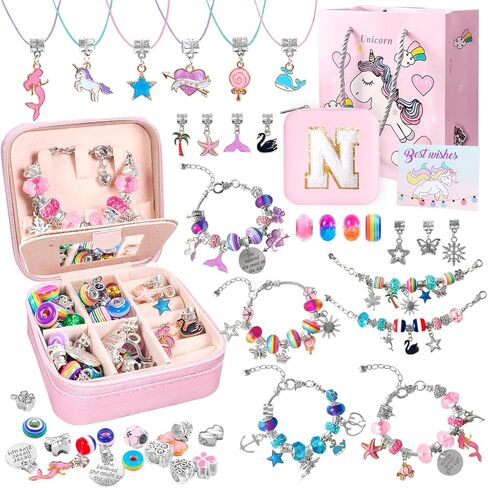 Charm Bracelet Making Kit for Girls - 77pcs Kids Jewelry Making Kit DIY Charm Bracelet Necklace Kit for Girls Ages 5-12 Unicorn Crafts Birthday Easter Gifts With Initial Jewelry Organizer Box in Kuwait