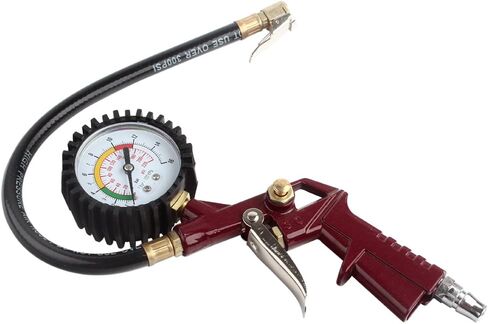 منفاخ الإطارات مع مقياس الضغط 0-220 رطل لكل بوصة مربعة، مقياس ضغط الإطارات مع منفاخ مع خرطوم مطاطي وقابس توصيل سريع للسيارة والشاحنة والدراجة والدراجات النارية، أحمر in Kuwait