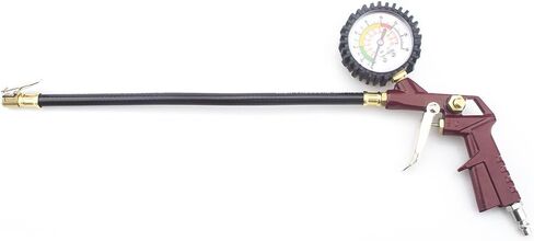 منفاخ الإطارات مع مقياس الضغط 0-220 رطل لكل بوصة مربعة، مقياس ضغط الإطارات مع منفاخ مع خرطوم مطاطي وقابس توصيل سريع للسيارة والشاحنة والدراجة والدراجات النارية، أحمر in Kuwait