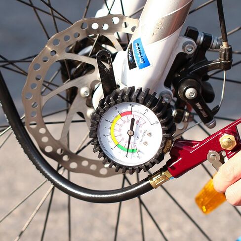 منفاخ الإطارات مع مقياس الضغط 0-220 رطل لكل بوصة مربعة، مقياس ضغط الإطارات مع منفاخ مع خرطوم مطاطي وقابس توصيل سريع للسيارة والشاحنة والدراجة والدراجات النارية، أحمر in Kuwait