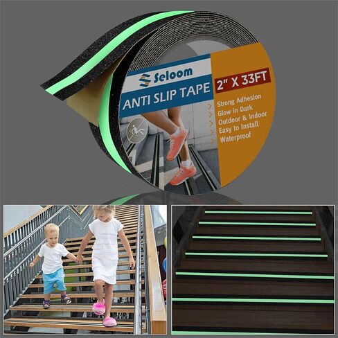 شريط سيلوم 2 بوصة × 33 قدم عالي التحمل مضاد للانزلاق / شريط غير قابل للانزلاق مع شريط متوهج في الظلام للسلالم في الهواء الطلق/في الداخل، شريط أمان عالي الجر غير قابل للانزلاق للخطوات، مقاوم للماء وغير قابل للانزلاق وسهل الاستخدام in Kuwait