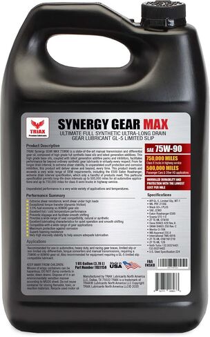 Triax Synergy Gear MAX 75W-90 GL-5 محدود الانزلاق، تصريف طويل جدًا 500 ألف ميل، ناقل حركة يدوي، تروس/زيوت تشحيم تفاضلية (1 جالون) in Saudi Arabia