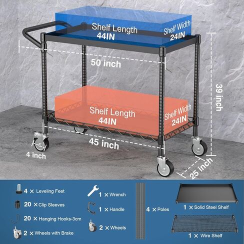 عربة دوارة ذات 3 طبقات شديدة التحمل مع عجلات، معتمدة من NSF بقدرة 1120 رطل، عربات أدوات دوارة من الدرجة التجارية مع شريط مقبض وبطانات أرفف، عربة تخزين مقاس 45 بوصة × 25 بوصة × 39 بوصة للمطبخ، كروم in Kuwait