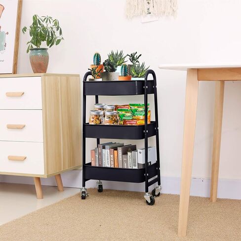 3-Tier Metal Mesh Utility Rolling Cart Storage Organizer with Wheels, Black in Saudi Arabia