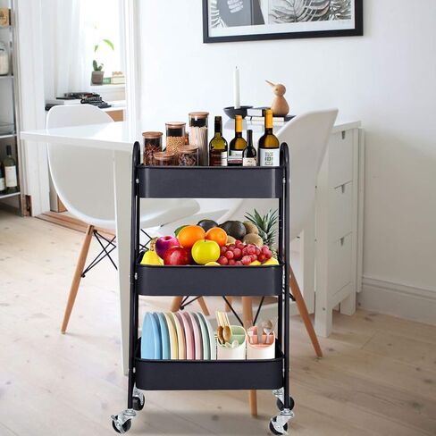 3-Tier Metal Mesh Utility Rolling Cart Storage Organizer with Wheels, Black in Saudi Arabia