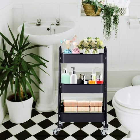 3-Tier Metal Mesh Utility Rolling Cart Storage Organizer with Wheels, Black in Saudi Arabia