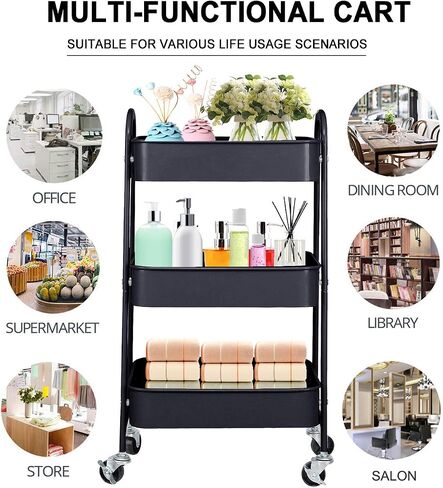 3-Tier Metal Mesh Utility Rolling Cart Storage Organizer with Wheels, Black in Saudi Arabia