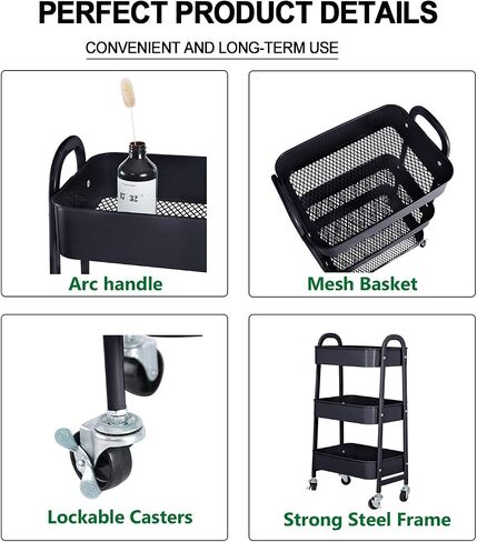 3-Tier Metal Mesh Utility Rolling Cart Storage Organizer with Wheels, Black in Saudi Arabia