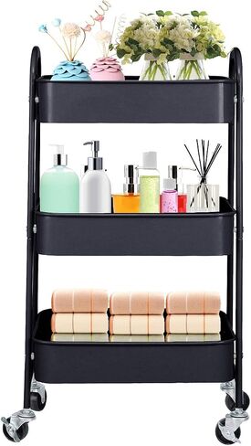 3-Tier Metal Mesh Utility Rolling Cart Storage Organizer with Wheels, Black in Saudi Arabia