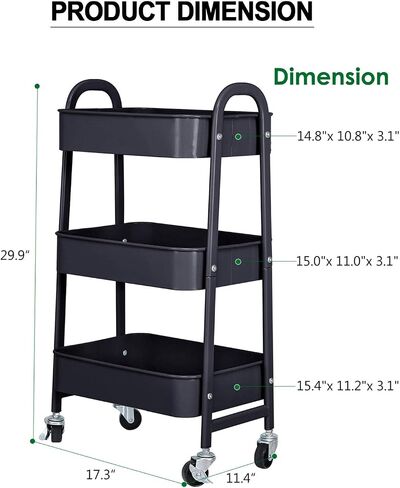 3-Tier Metal Mesh Utility Rolling Cart Storage Organizer with Wheels, Black in Saudi Arabia