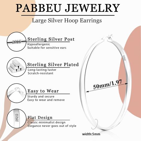 PABBEU 925 Sterling Silver Hoop Earrings Large Silver Earrings for Women Hypoallergenic Silver Hoop Earrings Oversize Lightweight Big Silver Earrings Hoops for Women Girls 30/40/50/60/70mm in Saudi Arabia