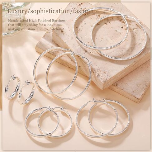 PABBEU 925 Sterling Silver Hoop Earrings Large Silver Earrings for Women Hypoallergenic Silver Hoop Earrings Oversize Lightweight Big Silver Earrings Hoops for Women Girls 30/40/50/60/70mm in Saudi Arabia
