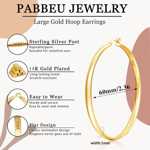 PABBEU 925 Sterling Silver Hoop Earrings Large Silver Earrings for Women Hypoallergenic Silver Hoop Earrings Oversize Lightweight Big Silver Earrings Hoops for Women Girls 30/40/50/60/70mm in Saudi Arabia