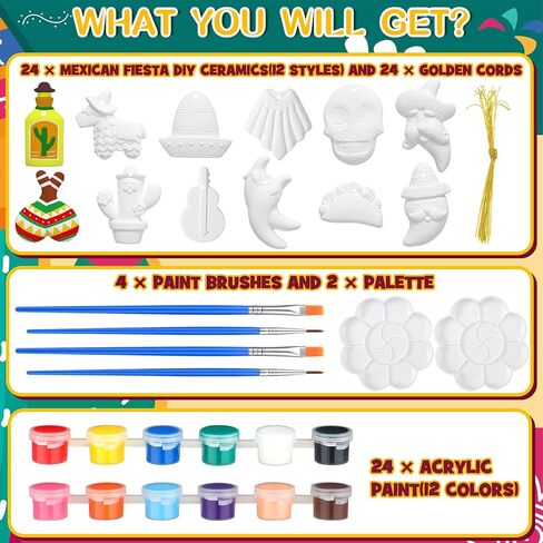24 Pcs Mexican Fiesta Crafts for Kids Cinco de Mayo Tomte for Mexican Taco Ceramic Painting Kit Mexican Ceramics to Paint Ready to Paint Ceramics Mexican Ornaments Crafts for Adults Kids in Saudi Arabia
