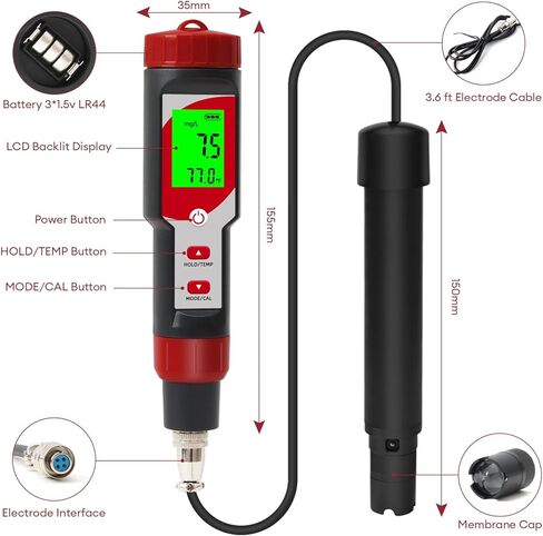 مجموعة اختبار الأكسجين المذاب مع كابل كهربائي بطول 3.6 قدم، ومقياس رقمي مع ATC، وأجهزة قياس الأكسجين المذاب وملحقات للمياه، وتربية الأحياء المائية، وبركة الأسماك، ونطاق تخمير البيرة: 0.0-40.0 ملجم/لتر in Kuwait