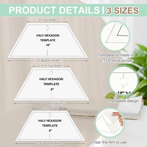 Kigley 3 Pcs Half Hexagon Quilting Template and Ruler 8 9 10 Inch Acrylic Quilt Rulers for Sewing Layer Cake Patchwork Supplies for Cutting Patterns DIY Craft(Clear) in Saudi Arabia