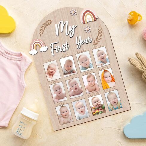 YLOLUL My First Year Photo Frame 12 Months Baby First Year Milestone Picture Board Wood 1st Birthday Decor Nursery Accessories Baby Childhood Keepsake Board 12 Photo Inserts, Newborn Baby Gift in Saudi Arabia