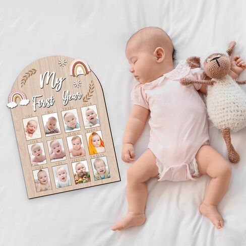 YLOLUL My First Year Photo Frame 12 Months Baby First Year Milestone Picture Board Wood 1st Birthday Decor Nursery Accessories Baby Childhood Keepsake Board 12 Photo Inserts, Newborn Baby Gift in Saudi Arabia