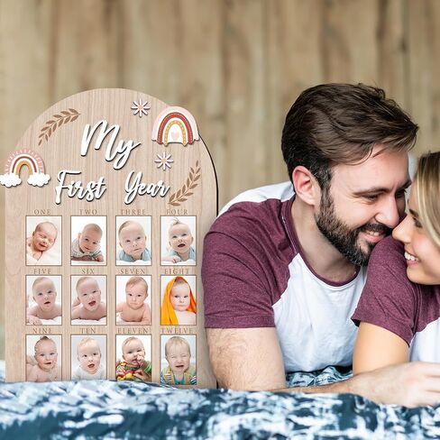 YLOLUL My First Year Photo Frame 12 Months Baby First Year Milestone Picture Board Wood 1st Birthday Decor Nursery Accessories Baby Childhood Keepsake Board 12 Photo Inserts, Newborn Baby Gift in Saudi Arabia