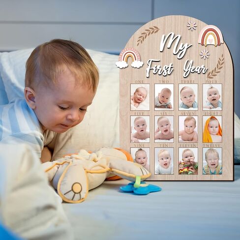 YLOLUL My First Year Photo Frame 12 Months Baby First Year Milestone Picture Board Wood 1st Birthday Decor Nursery Accessories Baby Childhood Keepsake Board 12 Photo Inserts, Newborn Baby Gift in Saudi Arabia