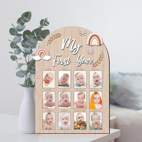 YLOLUL My First Year Photo Frame 12 Months Baby First Year Milestone Picture Board Wood 1st Birthday Decor Nursery Accessories Baby Childhood Keepsake Board 12 Photo Inserts, Newborn Baby Gift in Saudi Arabia