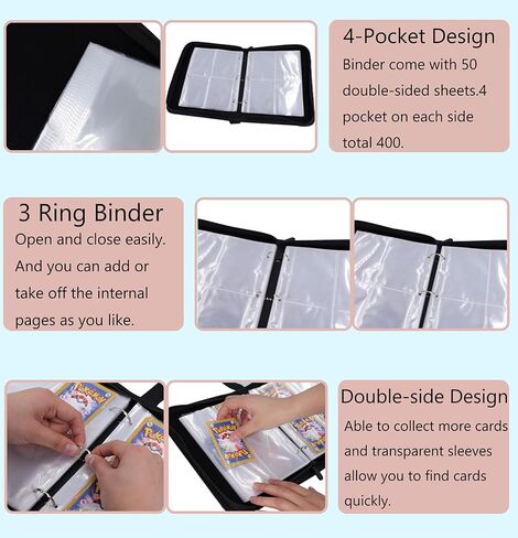 4 بطاقات مجلدة للجيب مع 50 ورقة صفحة مزدوجة الجوانب قابلة للإزالة، حافظة بطاقات تجارية تحمل ما يصل إلى 400 بطاقة، ألبوم بسحاب للأولاد والبنات in Kuwait