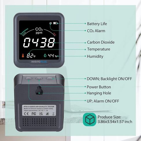 INKBIRDPLUS Indoor CO2 Detector, Air Quality Monitor, Tester for Carbon Dioxide, Temperature and Relative Humidity, Indoor CO2 Monitor with Alarm, for Grow Tents, Wine Cellars, Homes, Cars(PTH-9C) in Saudi Arabia