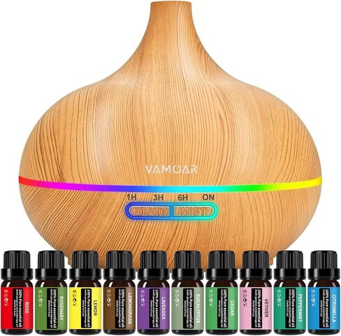 Essential Oil Diffuser Gift Set,10 Essential Oil,550ml Oil Diffuser & Essential Oil Diffusers with 4 Timer &Auto Shut-Off for & 15 Ambient Light Settings in Saudi Arabia