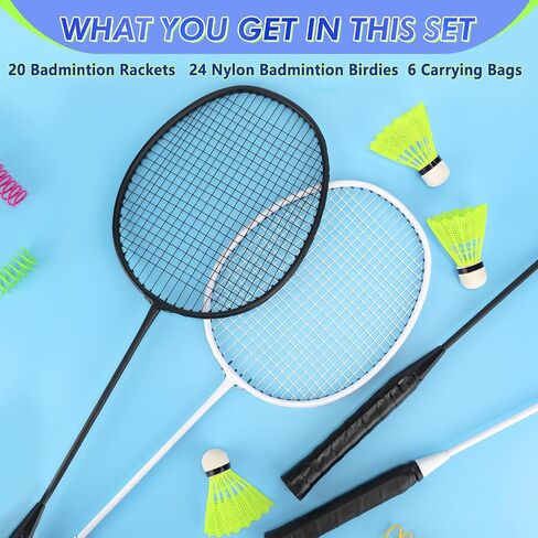 20 Pcs Badminton Rackets Set with 24 Shuttlecocks and 6 Carrying Bags, Sturdy Lightweight Badminton Rackets Racquet for Adults Teenagers Indoor Outdoor Backyards Gym Beach Sports in Saudi Arabia