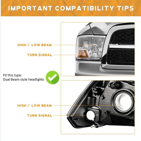 Headlights Assembly Compatible with 2009-2012 Dodge Ram 1500/2010-2012 Dodge Ram 2500 3500 (Does NOT Fit Quad Beam Headlight Models) Headlight Assemblies Black Housing Amber Reflector in Saudi Arabia