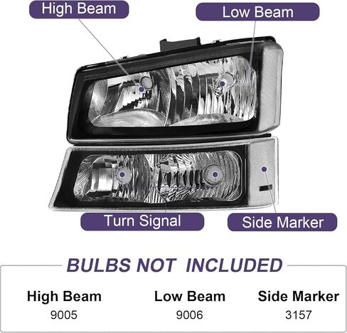 مجموعة المصابيح الأمامية تناسب 03-06 Chevy Silverado/Avalanche 1500 1500HD 2500 2500HD 3500/07 Classic، غير مناسبة لجسم غطاء المصنع، الجانب الأيسر والأيمن (عاكس شفاف لغطاء الكروم) in Kuwait