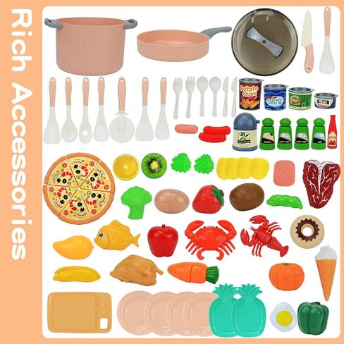 لعب اكسسوارات المطبخ للأطفال 94 قطعة، مجموعة الطبخ التظاهري، قطع الطعام والخضروات والفواكه، مجموعة ألعاب المطبخ مع سلة تخزين، ألعاب تعليمية للأولاد والبنات من سن 3 إلى 6 سنوات in Kuwait